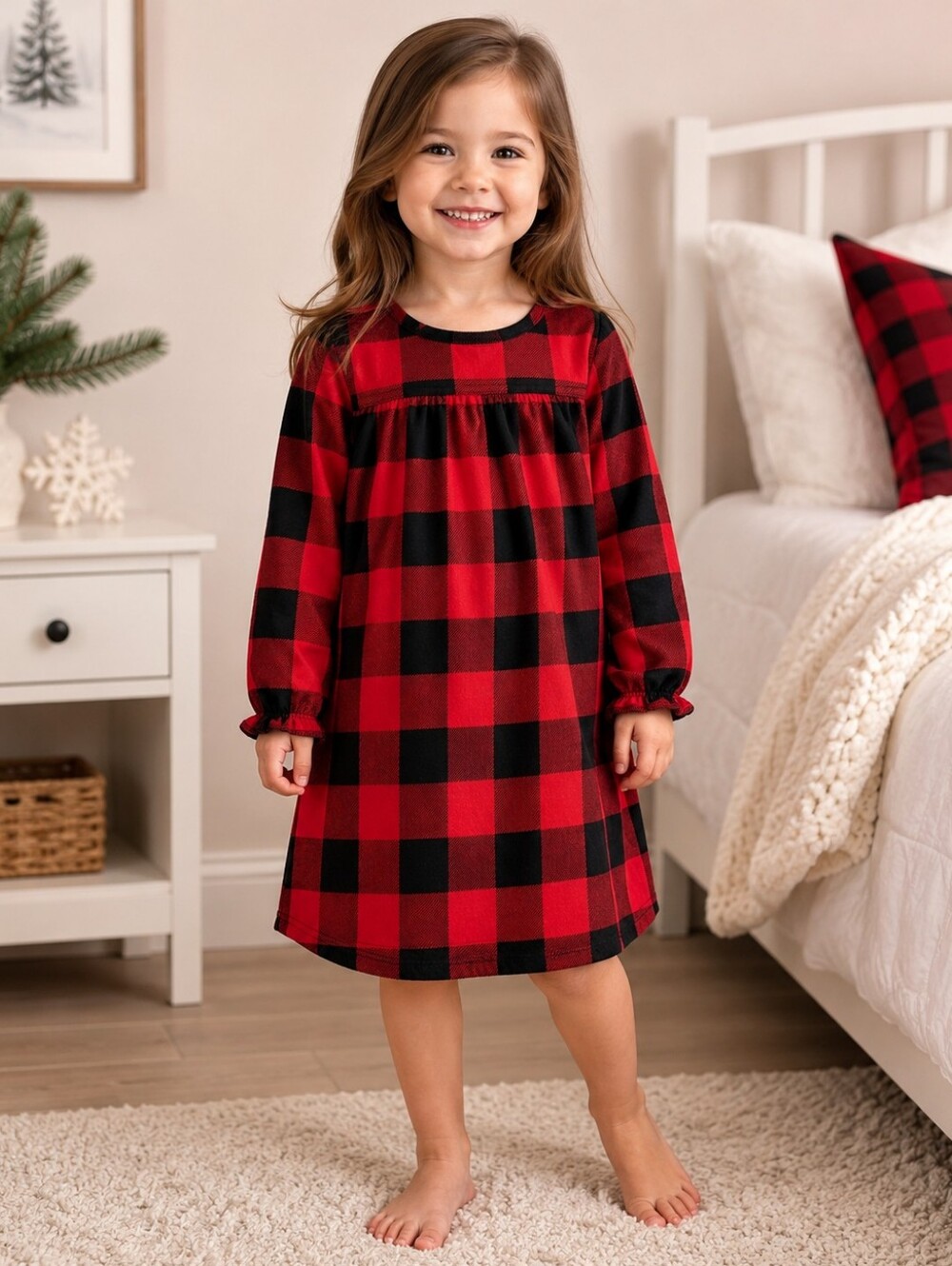 North Pole Trading Co Girls Buffalo Plaid Nightgown Sleep Dress Red Black 3T